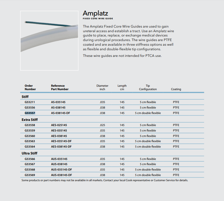 COOK Amplatz Fixed Core Wire Guide Extra Stiff - (G53564)